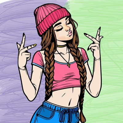 realistic teenage girl with braids and a beanie and crop top doing 🫶🏼