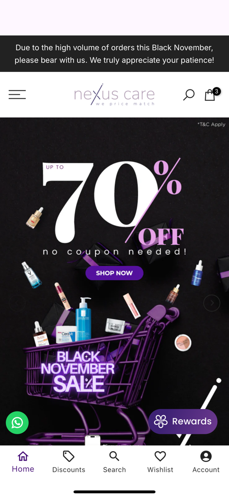 Nexus Care Beauty - Pantalla de inicio de la aplicación Nexus Care Beauty que muestra una promoción de rebajas de Black November con un 70 por ciento de descuento en varios productos para el cuidado de la piel
