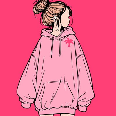 realistic girl with a oversized sweatshirt on and a bun