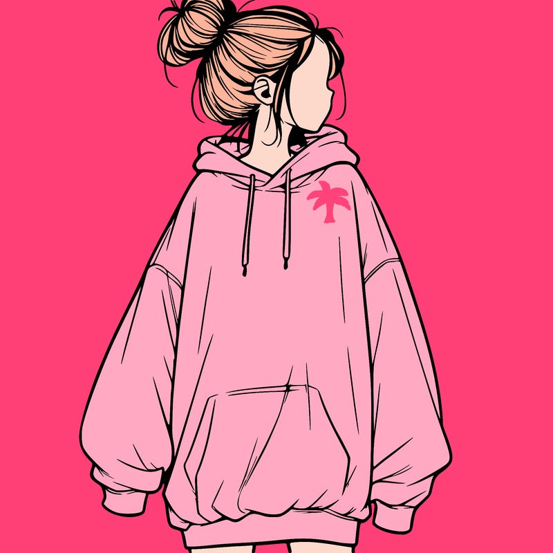 realistic girl with a oversized sweatshirt on and a bun
