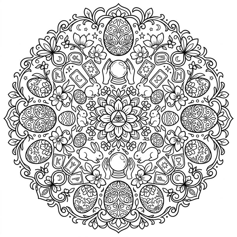 Unleash your creativity with this unique Easter Diviner Mandala. This intricate design blends spring festivities with mystical symbols, offering a truly enchanting coloring experience.