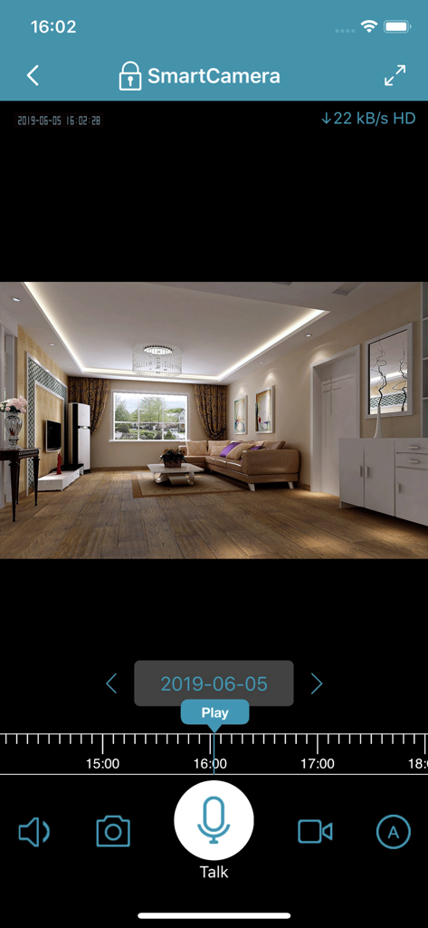 IPC360 Pro - IPC360 Pro app interface displaying a living room security camera feed with two-way talk and playback controls