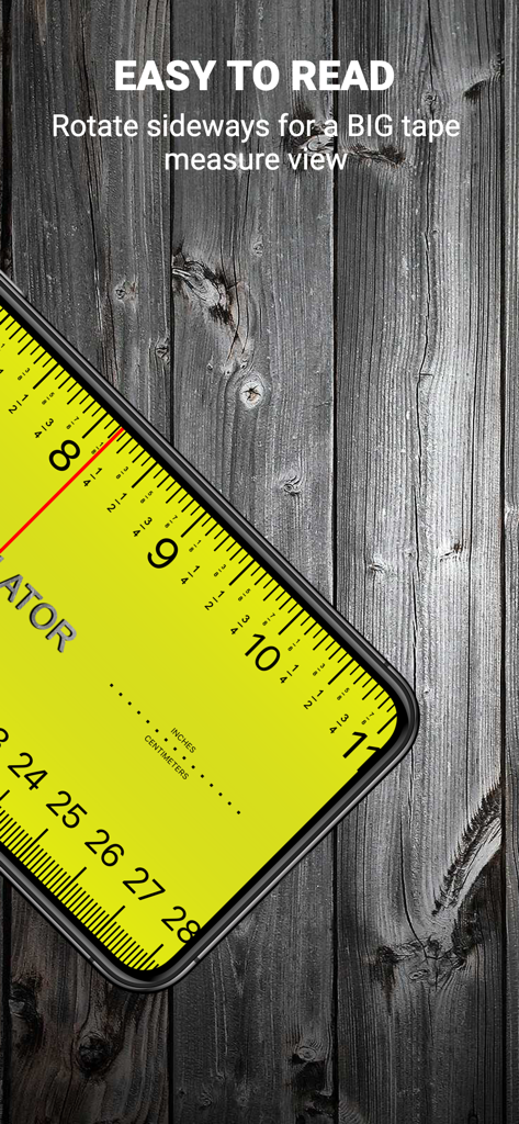 Tape Measure Calculator Pro - Smartphone displaying a large yellow tape measure interface in landscape mode for easy reading.