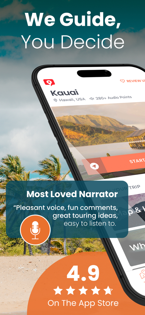 Kauai GyPSy Guide Driving Tour - Kauai GyPSy Guide app screen displaying a 4.9 star rating and high praise for the narrator.