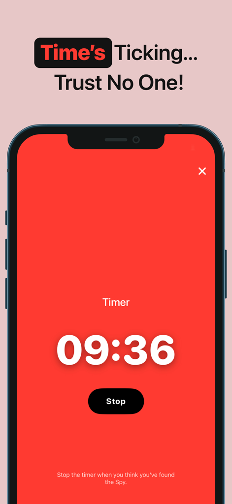 Imposter Spy Party Game - A countdown timer on a red background in the Imposter Spy Party Game app with a button to stop when the spy is found
