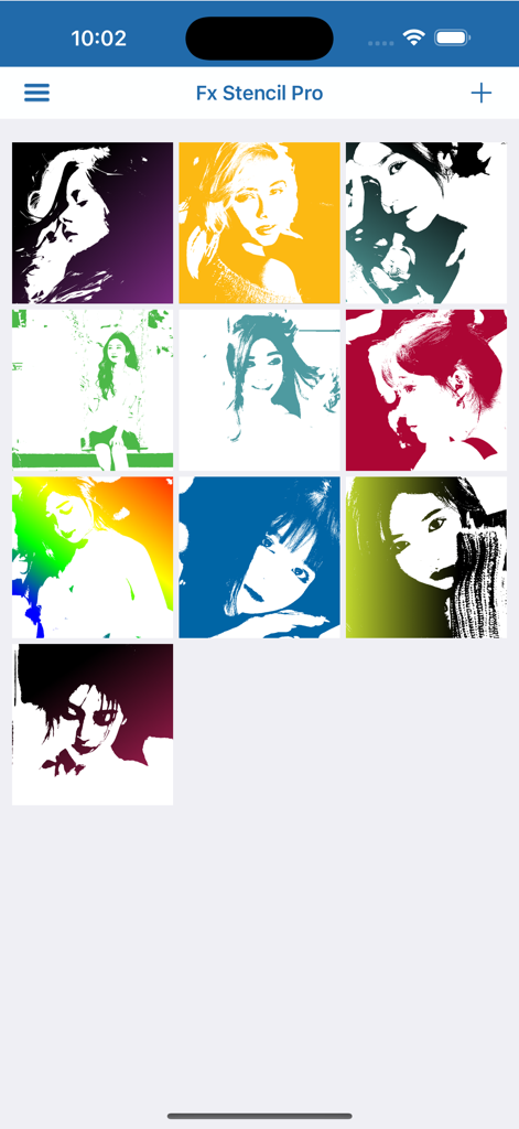 A collection of colorful portrait stencils displayed in the Fx Stencil Pro app gallery