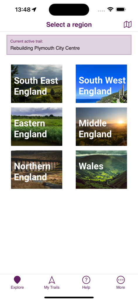 Places and Trails app screen showing region selection tiles for England and Wales travel trails