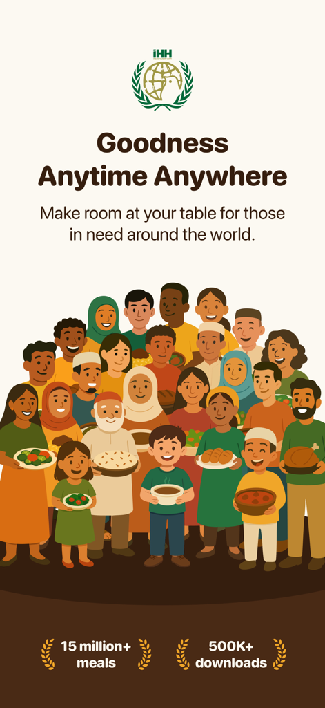 İHH İnsani Yardım Vakfı - Une illustration d'un groupe diversifié de personnes partageant de la nourriture avec le texte La bonté à tout moment, n'importe où et des statistiques de dons.