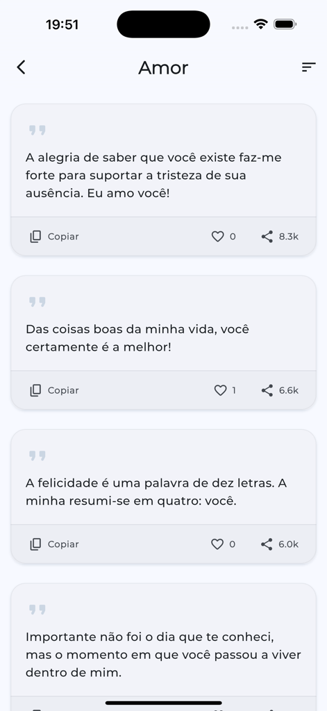 Frases Status + IA - モバイルアプリ画面、いいねと共有数を表示したロマンチックな引用のリストを表示