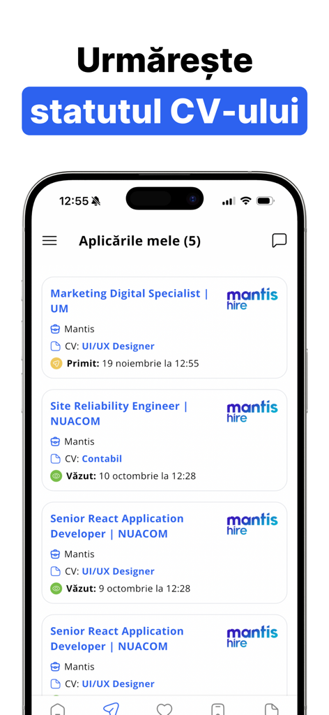 Rabota.md - Mobile app screen showing the My Applications section where users can track the status of their CV for various job roles