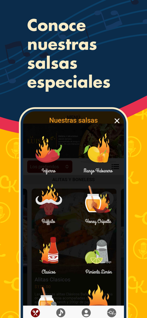 Clasicos Karaoke - Screenshot of the Clasicos Karaoke app showing a menu of special sauces including Mango Habanero and Buffalo