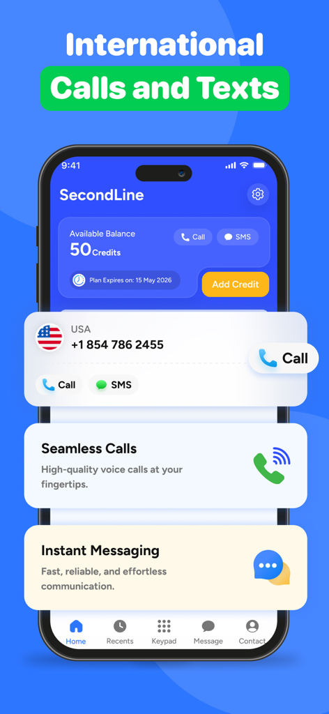 Interface do aplicativo Second Line mostrando recursos de chamadas e SMS internacionais