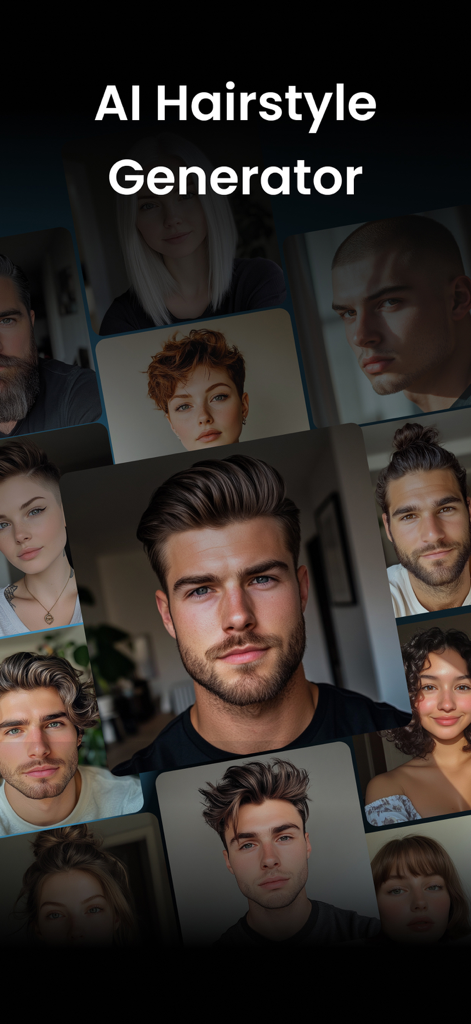 Hairstyle Try On: Hair cut - Una collezione di uomini e donne diversi che mostrano diverse acconciature e tagli di capelli generati dall'AI