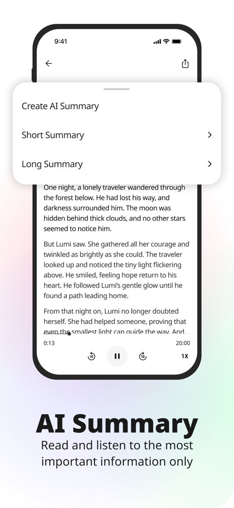 Koto AI Reader: Text To Speech - Interfaz de la aplicación Koto AI Reader que muestra opciones para generar resúmenes cortos o largos a partir de texto para una lectura eficiente.