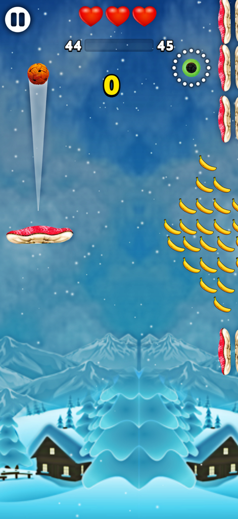 Monkey Hook - No Wifi Game - Nivel invernal del juego móvil Monkey Hook con una bola cayendo hacia una plataforma y plátanos para recoger