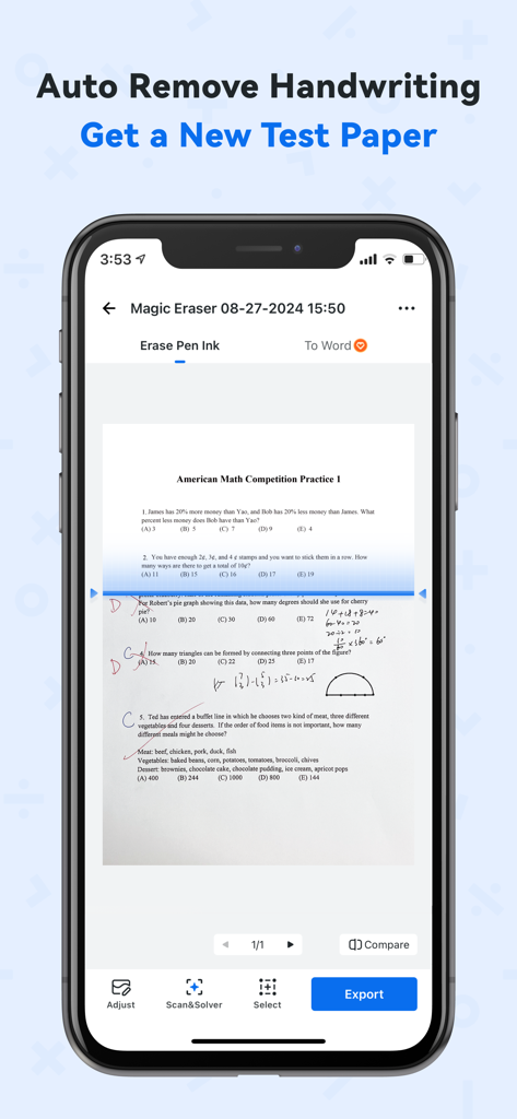 Quiz AI: AI Homework Helper - Smartphone screen displaying the Quiz AI app using a magic eraser to remove handwriting from a math test paper.