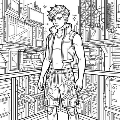 Explore the edgy world of cyberpunk fashion with this dynamic coloring page featuring a stylish man. Bring to life a futuristic cityscape filled with intricate details and neon-inspired patterns.