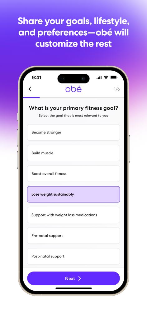 obé | Fitness for women - Obe Fitness App Onboarding-Bildschirm, der nach den primären Fitnesszielen fragt, um das Benutzererlebnis anzupassen.