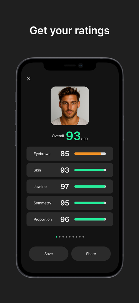 Face Card Looksmaxing - Interfaz de la aplicación móvil Face Card Looksmaxing que muestra el análisis de rasgos faciales IA con puntuaciones para mandíbula, piel y simetría