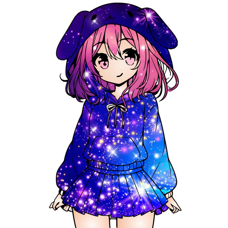 pretty anime girl wearing a fluffy hoodie with bunny ears on the hood and a skirt