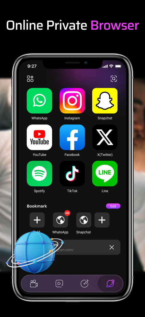 A smartphone showing the Tiger Video app private browser screen with shortcuts to popular social media platforms like Instagram, TikTok, and YouTube