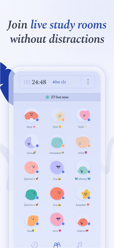 Flipd app interface showing live study rooms with colorful user avatars and a focus timer