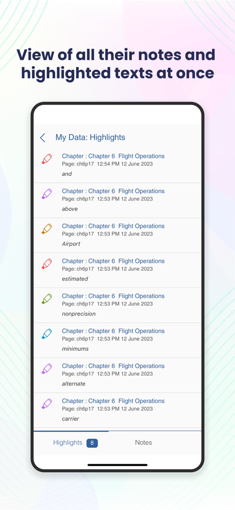 ASA Library - List of user highlights and notes in the ASA Library pilot training app