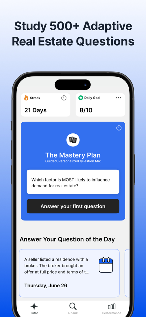Aplicación móvil Dearborn Real Estate Exam Prep que muestra preguntas de estudio adaptables y rastreadores de progreso