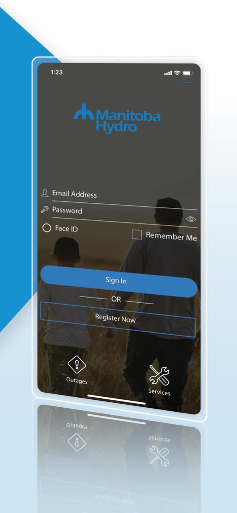Manitoba Hydro - Login screen for the Manitoba Hydro mobile app featuring sign in and registration options with quick links for outages and services.
