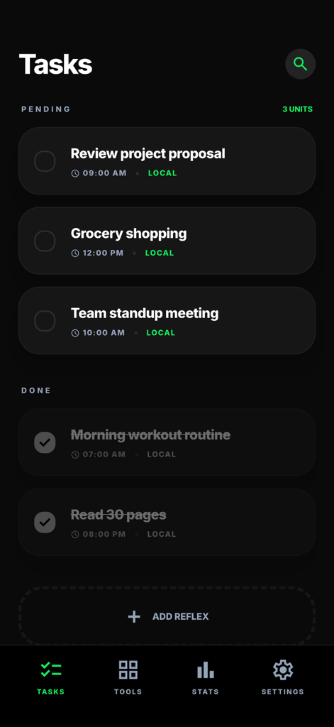 To-Do List - MinimaList: Task - A minimalist dark mode task manager interface showing pending and completed daily activities with local storage labels.