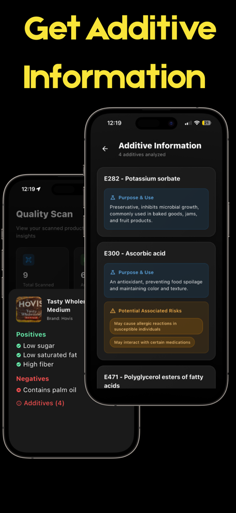 A mobile screen from the Cal Plus app showing detailed information and health risks for food additives and a quality scan of a product.
