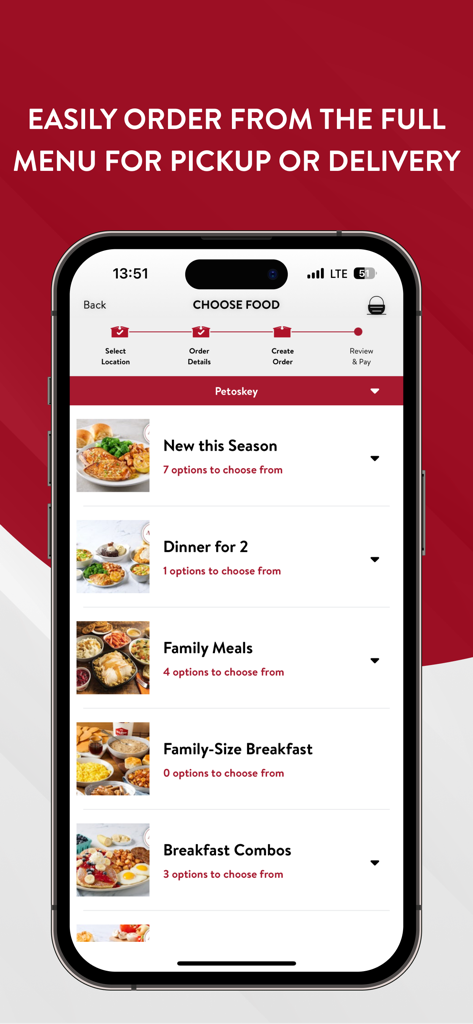 Bob Evans - Bob Evans Mobile App-Bildschirm mit Menükategorien für Familienmahlzeiten und Frühstück