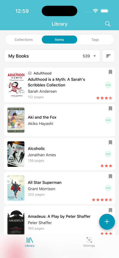Libib - Screenshot of the Libib app showing a digital catalog of a personal book collection with titles and star ratings