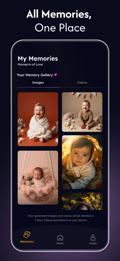 AI Photo Factory app gallery showing AI generated baby photos