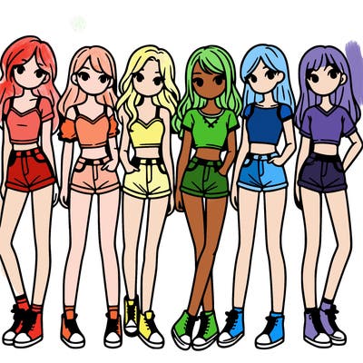 a group of girls wearing crop tops and shorts