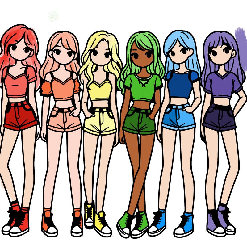 a group of girls wearing crop tops and shorts