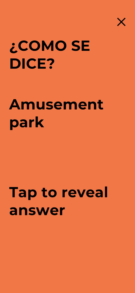 Screenshot of the No Sabo app game screen asking the player how to say amusement park in Spanish