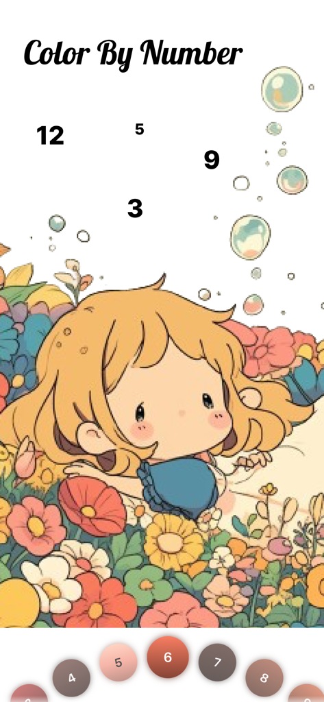 Fun Color - Color by Number - A color by number game interface showing a cute girl in a flower garden with numbered bubbles and a color palette