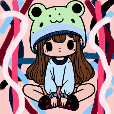 a girl wearing a frog hat and some frog socks