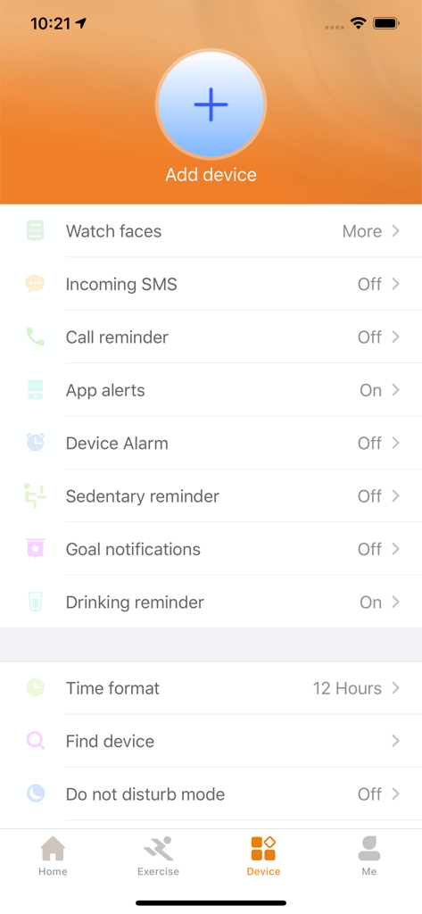Coolwear - Device settings screen in the Coolwear app showing options for notifications watch faces and reminders