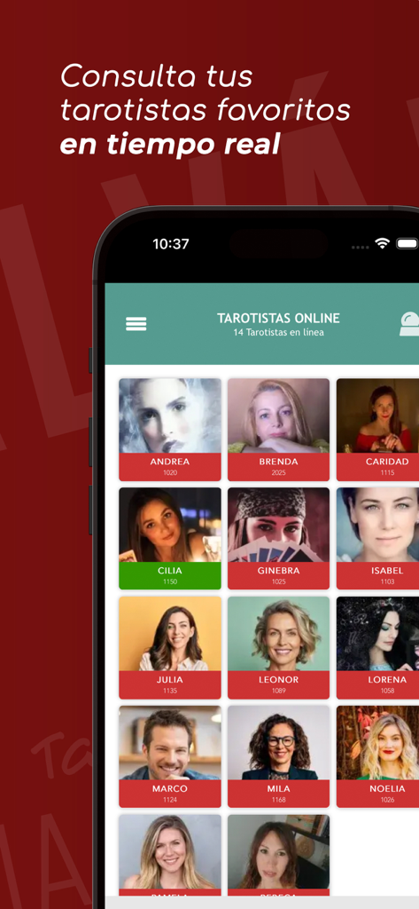 Pantalla de la aplicación móvil Tarot Alicia Galvan mostrando un directorio de tarotistas profesionales disponibles para consulta online en tiempo real.