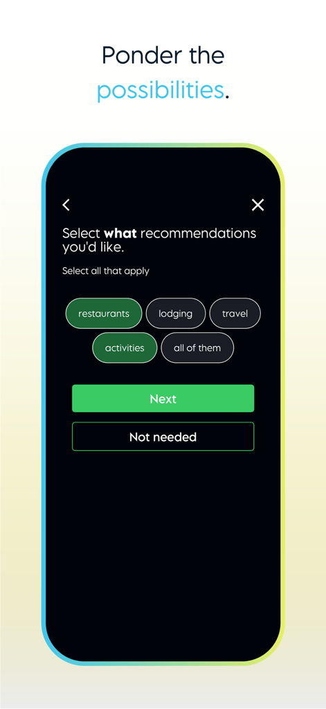 Plan WeGo - Travel Planner - Plan WeGo 앱 화면에서 레스토랑, 숙박 시설, 활동을 포함한 여행 추천 카테고리를 선택합니다.