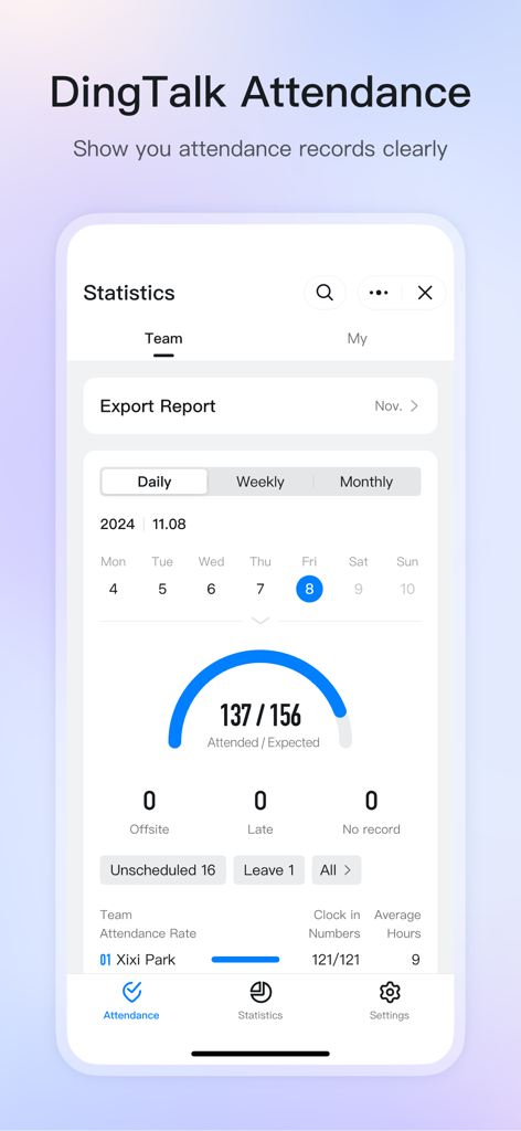 DingTalk mobile app interface displaying team attendance records and statistics dashboard