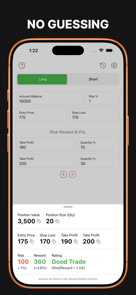 Mobile interface of Position Size Calculator Pro app showing trade risk and reward ratio analysis