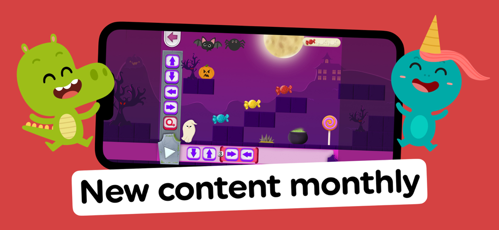 Mobile screen showing a Halloween-themed coding level in the Code Land app with visual logic blocks and cartoon monsters.
