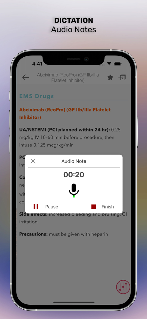 EMS Notes app interface showing the audio note recording feature over a medication reference page