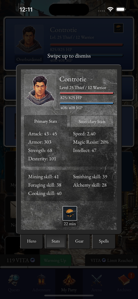 Prado Traveler - Fitness RPG - Character stats menu in Prado Traveler showing Thief and Warrior levels and attributes.