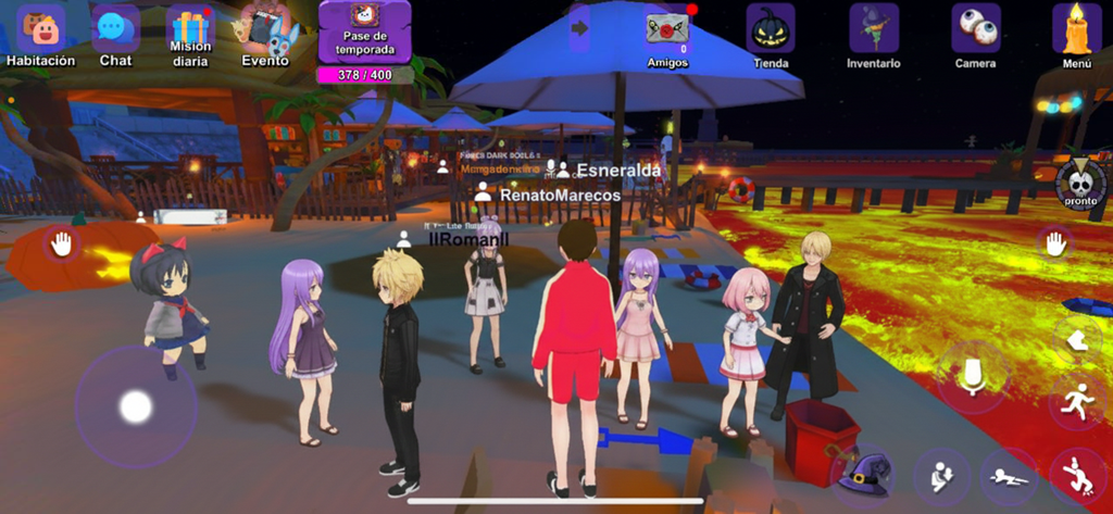 Group of custom anime avatars socializing in a 3D virtual beach environment