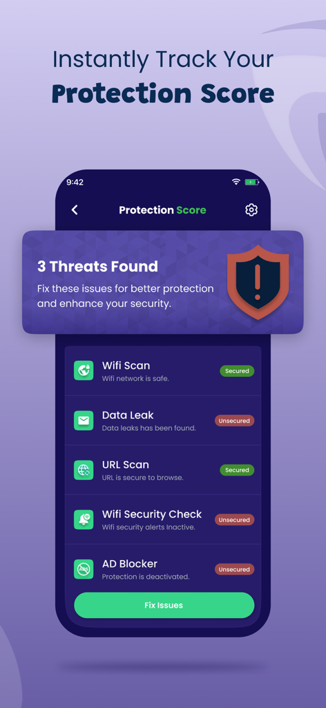 iPhone app screen showing a security protection score with threats found and a button to fix issues