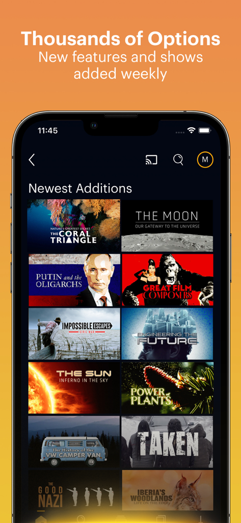 iPhoneに、さまざまなドキュメンタリーサムネイルが表示された最新追加ライブラリを示すCuriosityStreamアプリ画面。